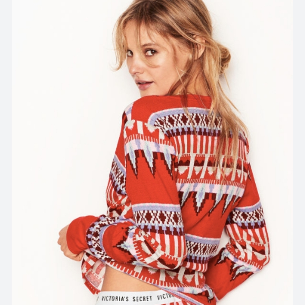 Victoria's Secret Red Fair Isle Thermal Cotton Pink & Red Heart Pajama Top XS - Picture 1 of 6